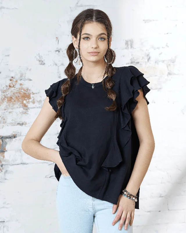 Cotton Slub Double Ruffle Sleeve Tee - Black