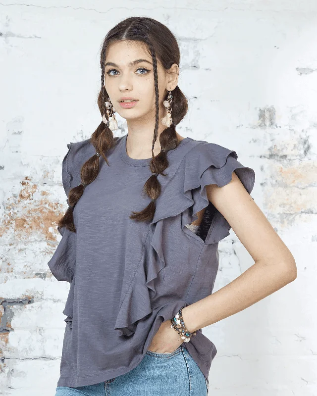 Cotton Slub Double Ruffle Sleeve Tee - Charcoal