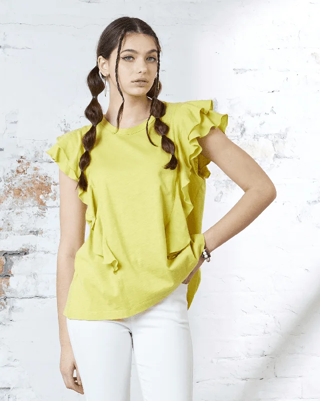 Cotton Slub Double Ruffle Sleeve Tee - Lime