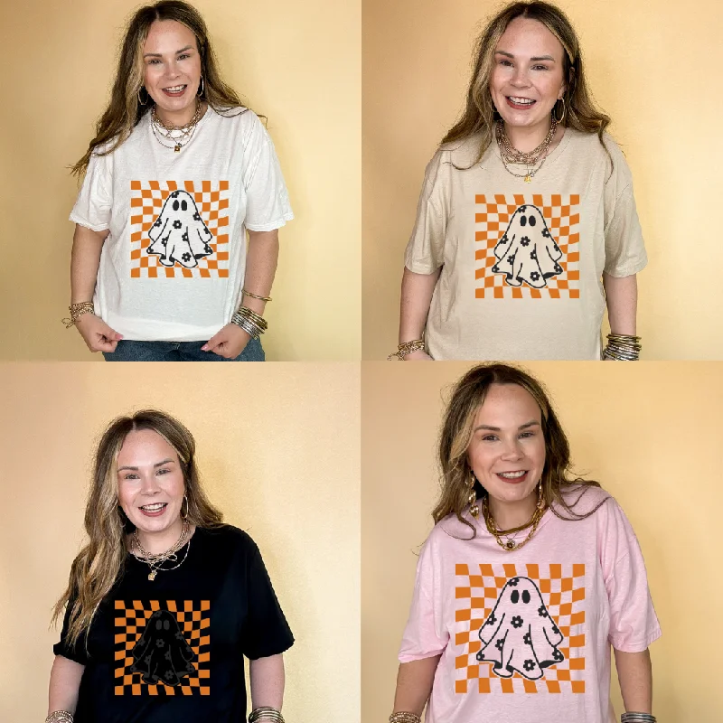 Online Exclusive | Floral Ghost Graphic Tee with Orange and White Checkered Background in Multiple Color Options