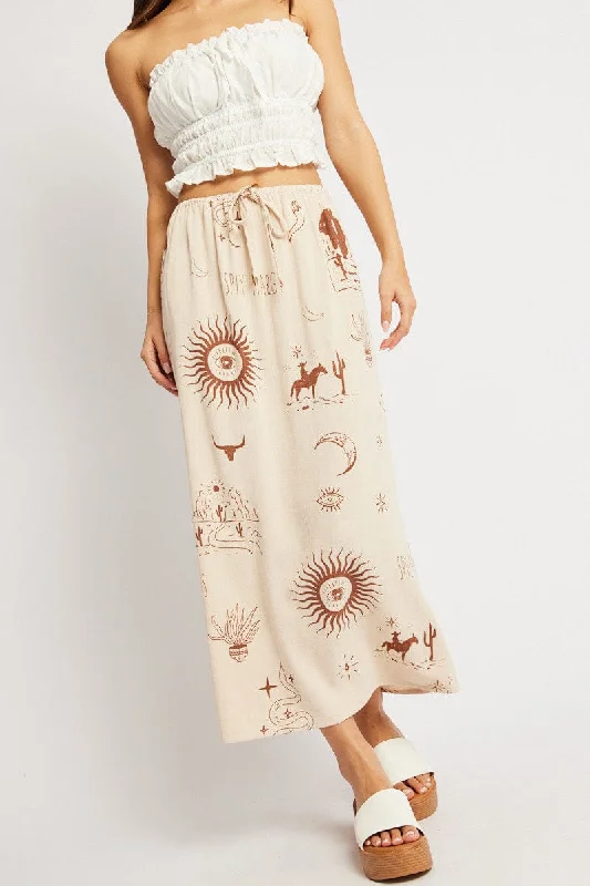 Beige Abstract Midaxi Skirt Relaxed Fit Elastic Waist