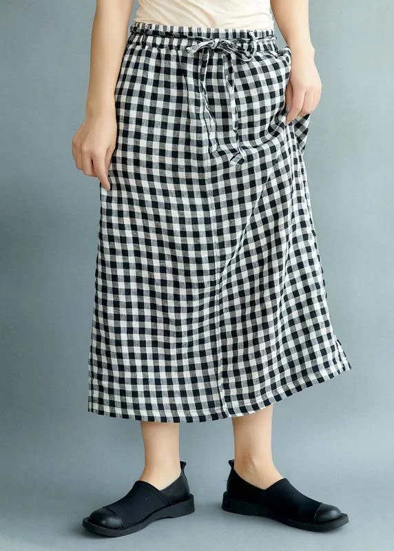 Boho Black Plaid Pockets Fall Tie Waist Skirt