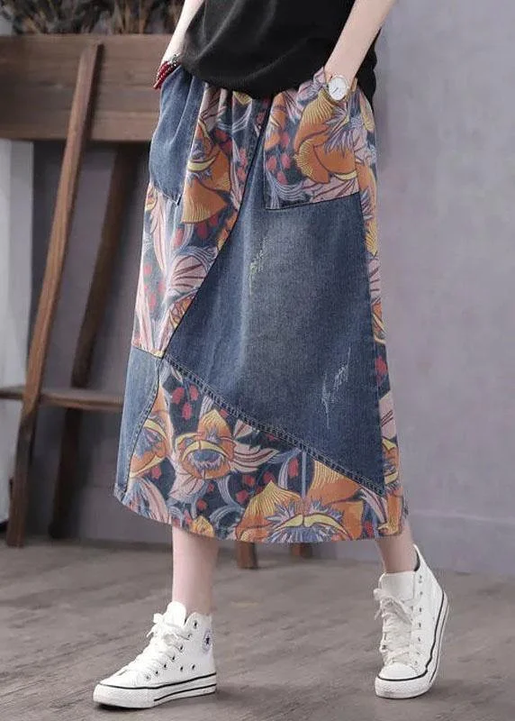 Casual Blue Pockets Patchwork Print A Line Fall Denim Skirts