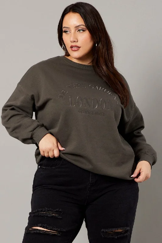 Grey Oversized Sweater Long Sleeve Crew Neck Embroidery