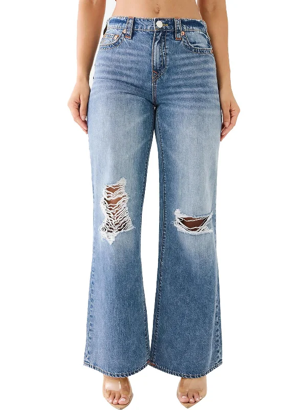 Leila Womens High Rise Destroyed Wide Leg Jeans