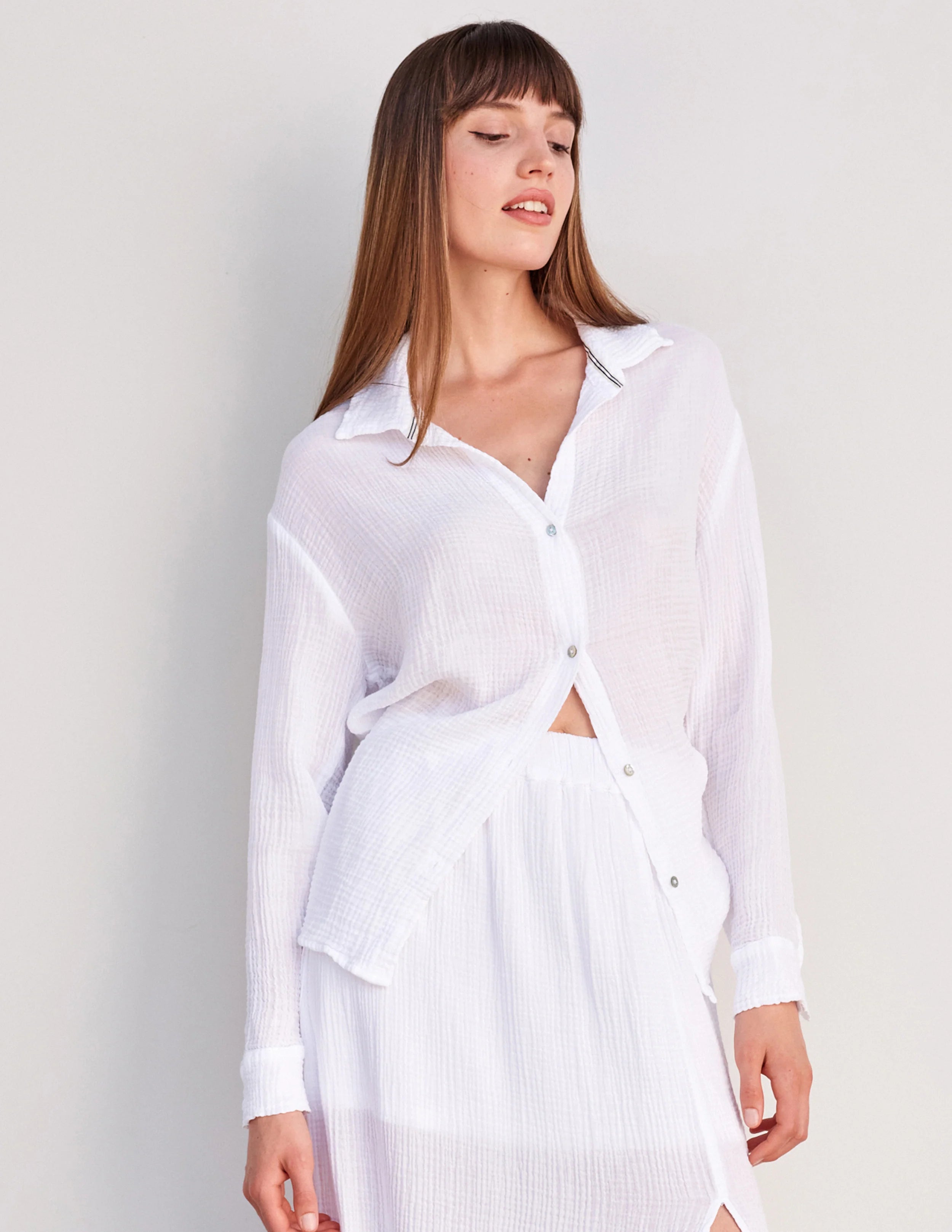 Long Sleeve Gauze Button Down - White