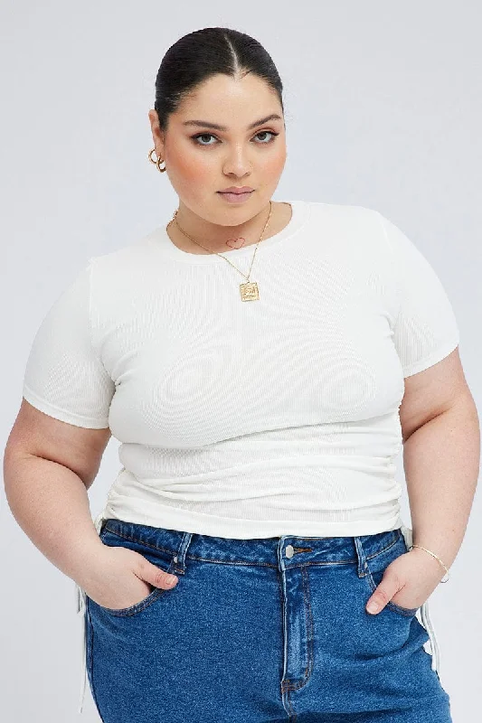 White Ruched Top Short Sleeve Crew Neck