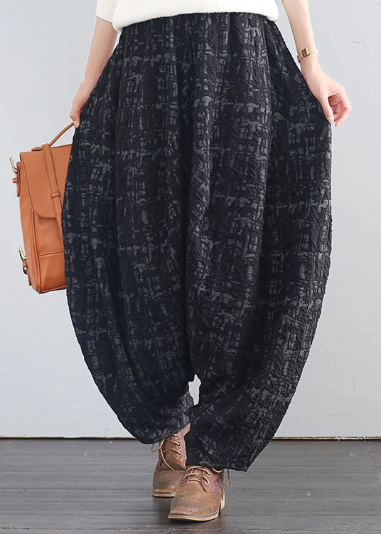 Retro Black Print Elastic Waist Thick Wide Leg Pants Fall