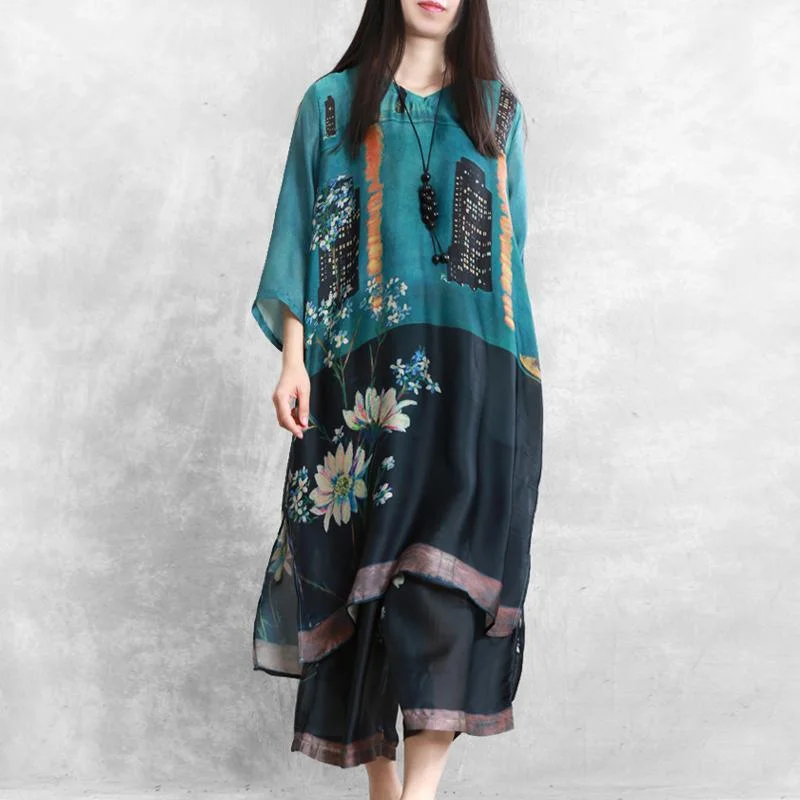 Retro national style large size blended blue printed silk suit women loose shirt + casual cropped pants