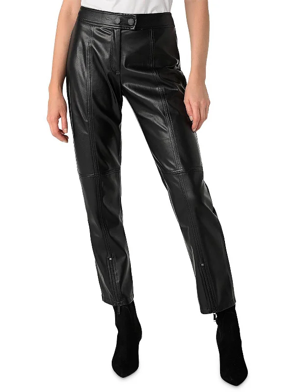 Womens Faux Leather Zipper Hem Straight Leg Pants