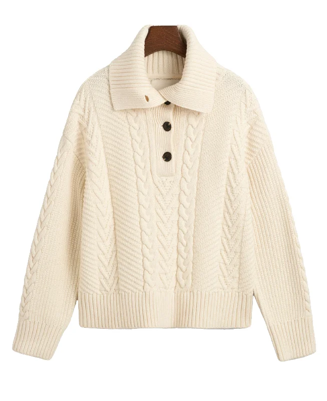 Cable Buttoned Roll Neck Jumper - Cream