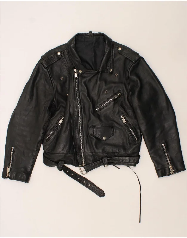 VINTAGE Womens Leather Biker Jacket UK 16 Large Black Leather