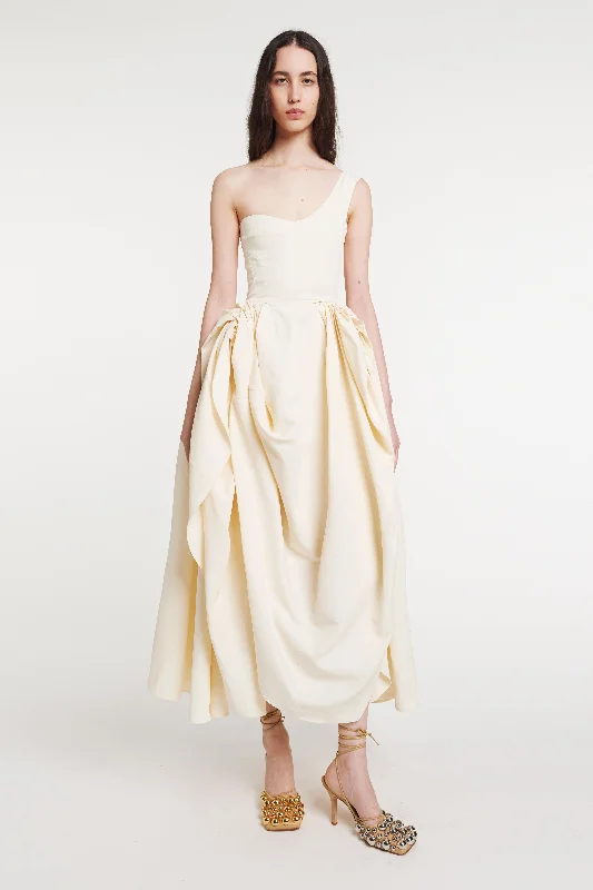 Asymmetric Off-shoulder Dress With Gathered Draped Skirt Ecru