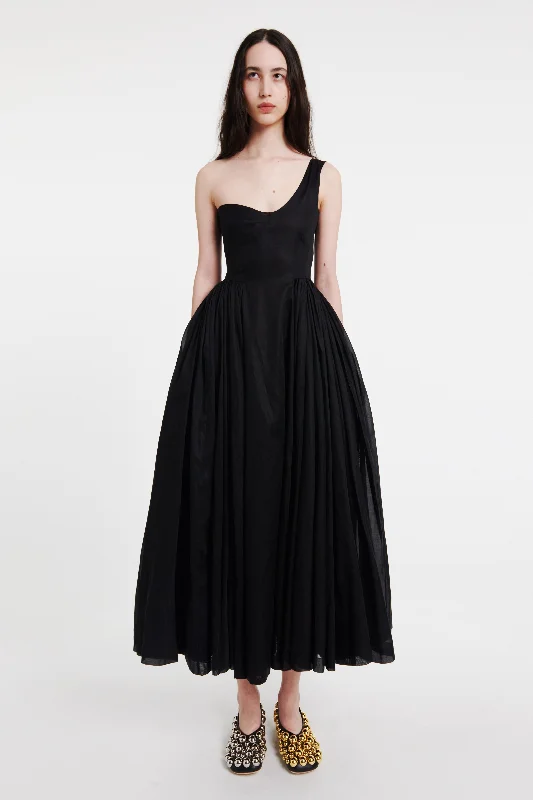 Asymmetric Off-shoulder Dress With Gathered Skirt Black