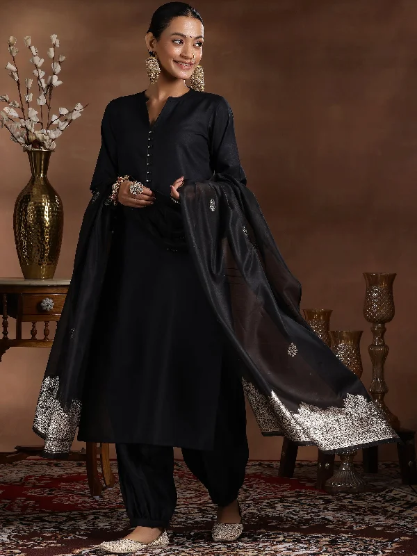 Black Solid Silk Blend Straight Suit With Dupatta