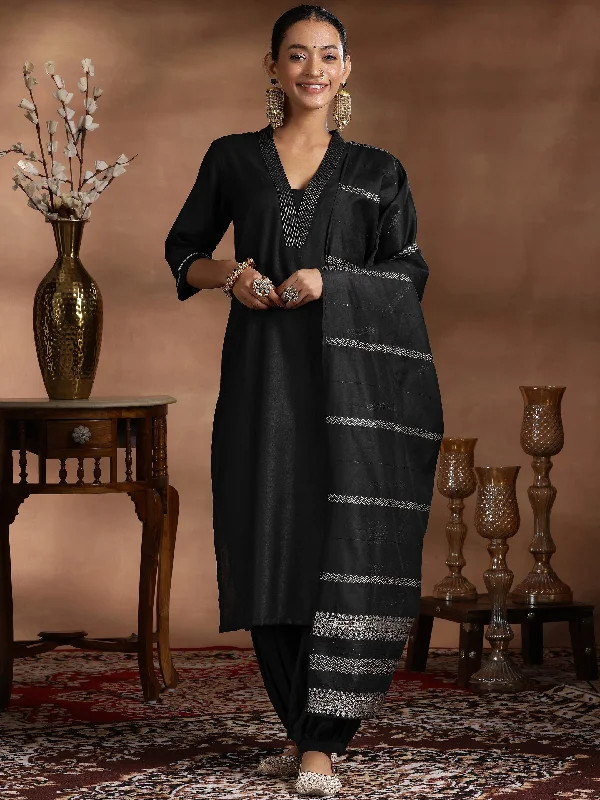 Black Solid Silk Blend Straight Suit With Dupatta