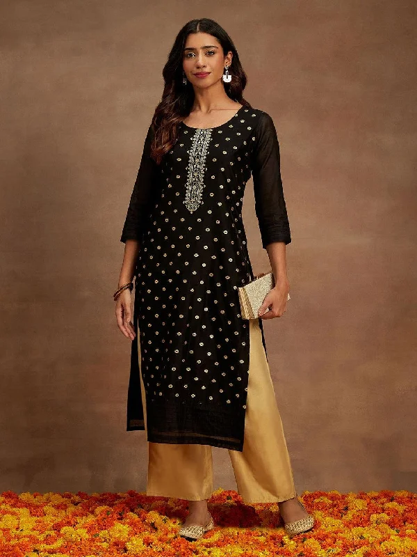 Black Woven Design Chanderi Silk Straight Kurta