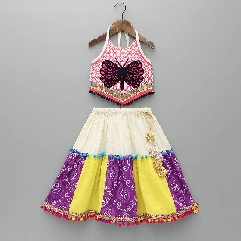 Butterfly Thread Embroidered Top And Multicolour Lehenga