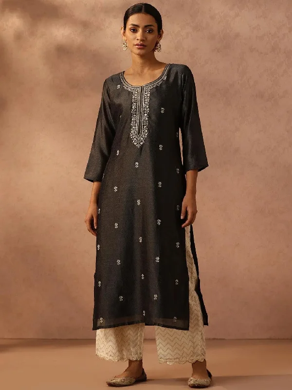 Grey Embroidered Silk Straight Kurta