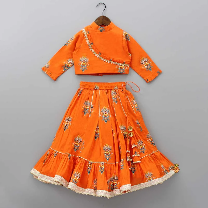 High Neck Orange Printed Top And Gota Flower Tassels Embellished Lehenga