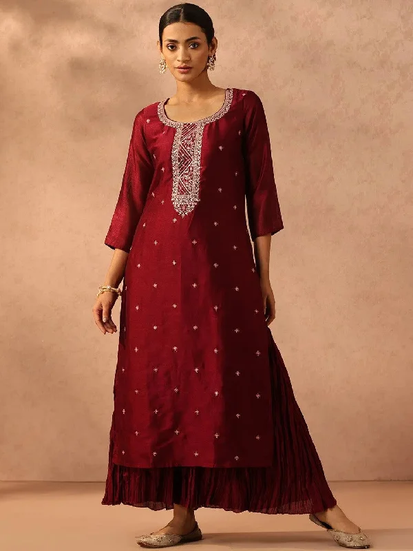 Maroon Embroidered Silk Straight Kurta