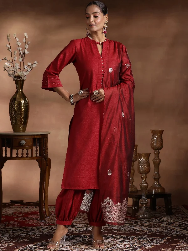 Maroon Solid Silk Blend Straight Suit With Dupatta