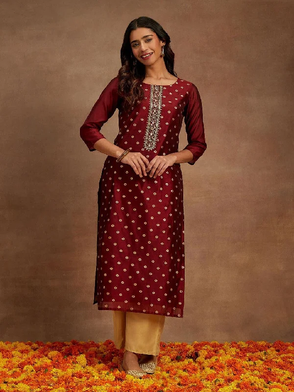 Maroon Woven Design Chanderi Silk Straight Kurta