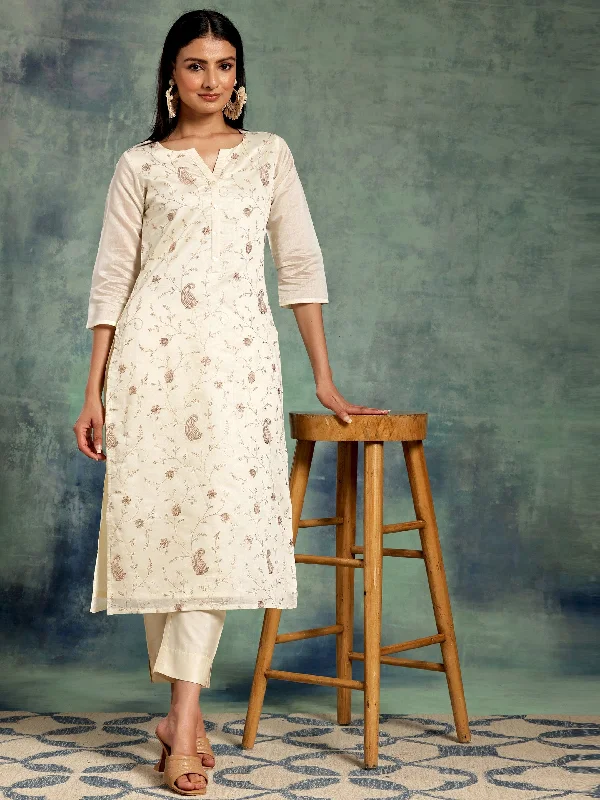 Off White Embroidered Chanderi Silk Straight Kurta