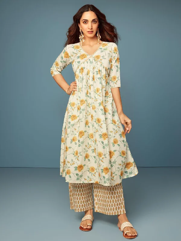 Tamannah Off white Printed Cotton A-Line Kurta With Palazzos