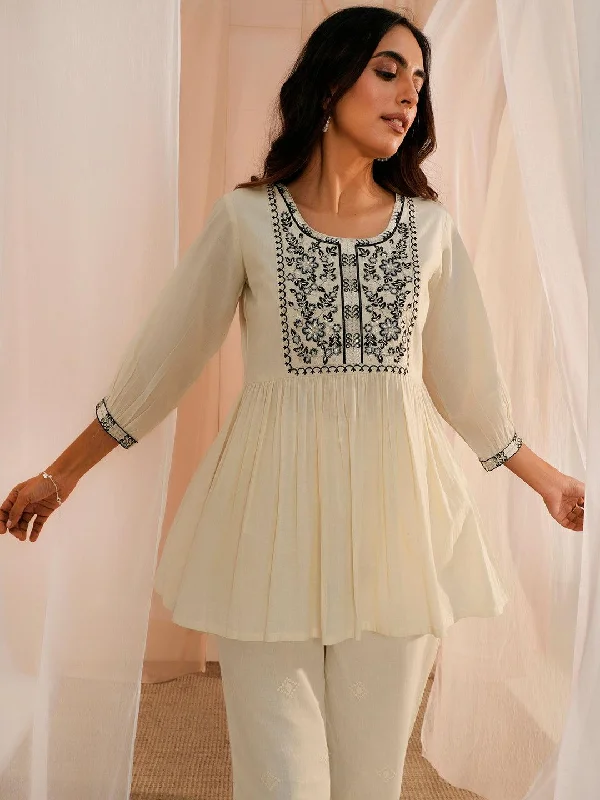 Off White Yoke Design Cotton A-Line Kurti