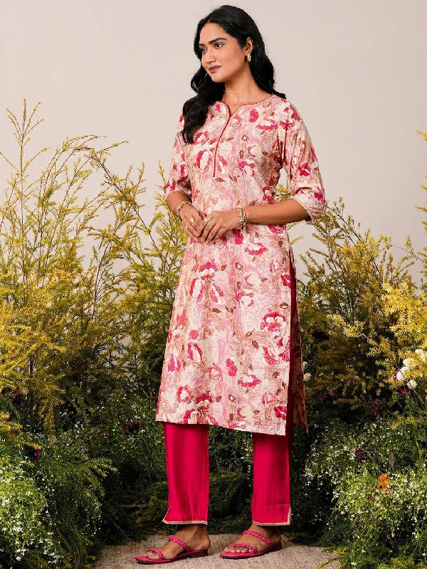 Pink Printed Silk Blend Straight Kurta Set