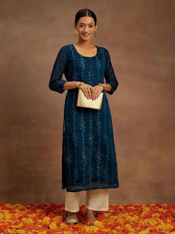 Teal Embroidered Chanderi Silk Straight Kurta