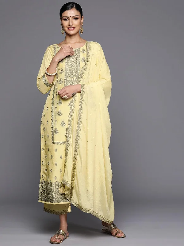 Yellow Woven Design Silk Blend Straight Kurta With Trousers & Dupatta