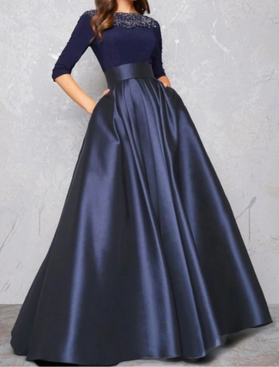 Ball Gown Evening Gown Minimalist Dress Quinceanera Formal Evening Floor Length Half Sleeve Illusion Neck Fall Wedding Guest Satin with Pleats Lace Insert