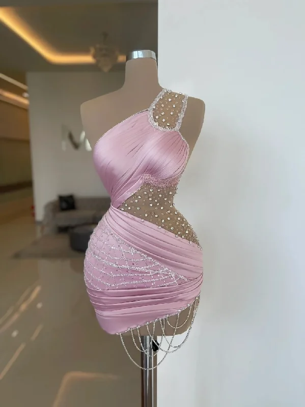 Birthday One Shoulder Evening Dress Pink Sequins Crystals Bride Robe Elegant Mini Party Bridal Dresses Vestidos De Novia