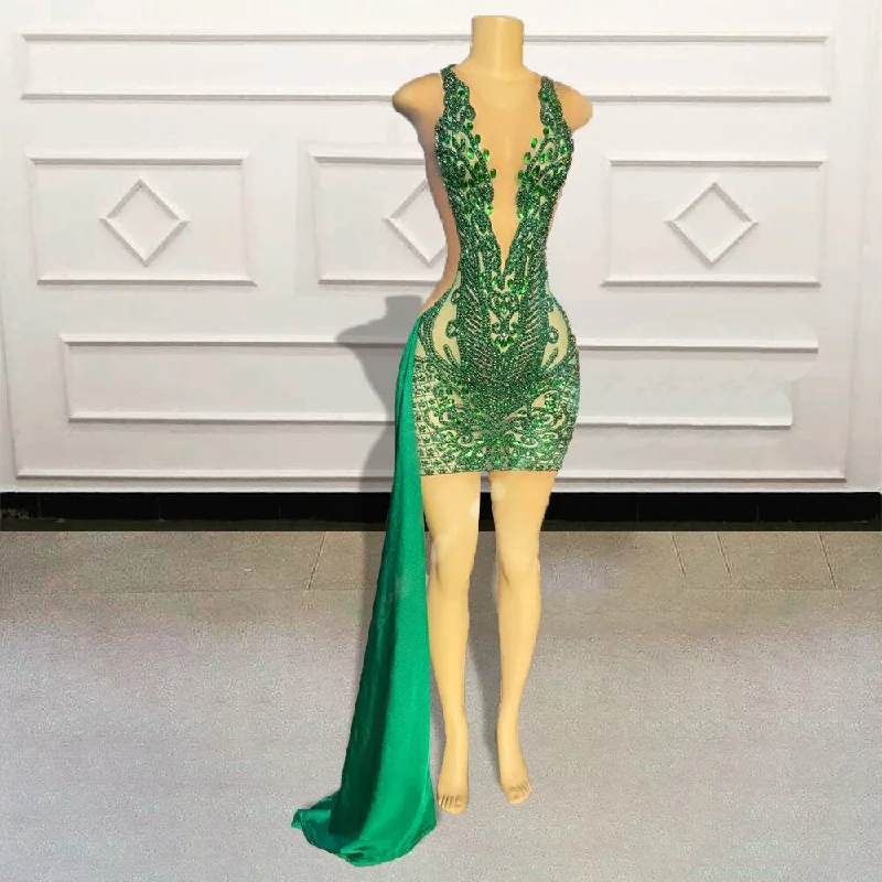 Black Girls Luxury Beaded Diamond Green Short Prom Dresses for Birthday Party Sexy See Through Women Mini Cocktail Gowns