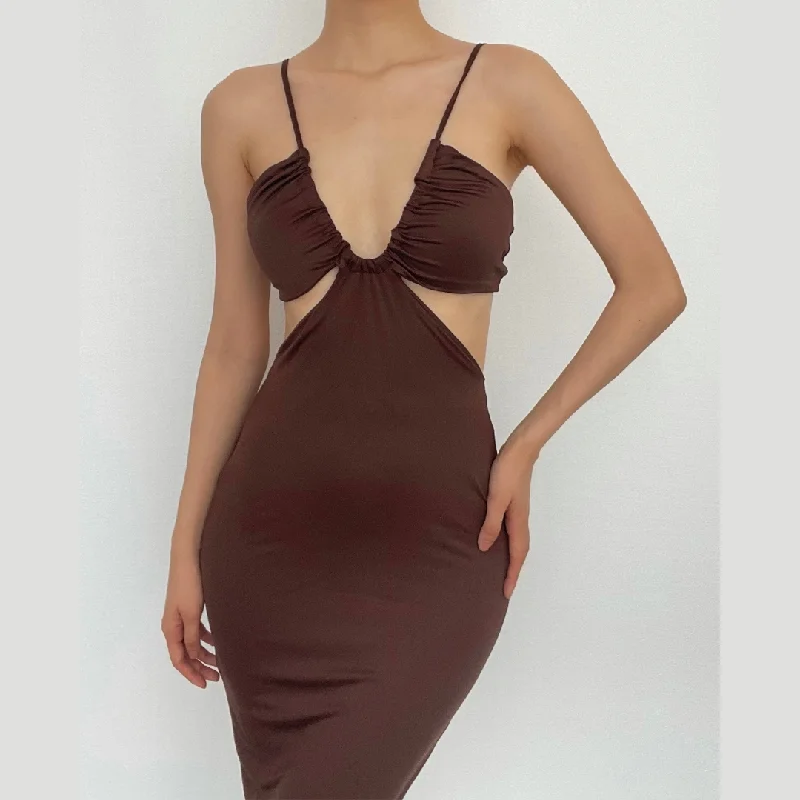 BerryBetty - One shoulder backless drawstring hollow out maxi dress