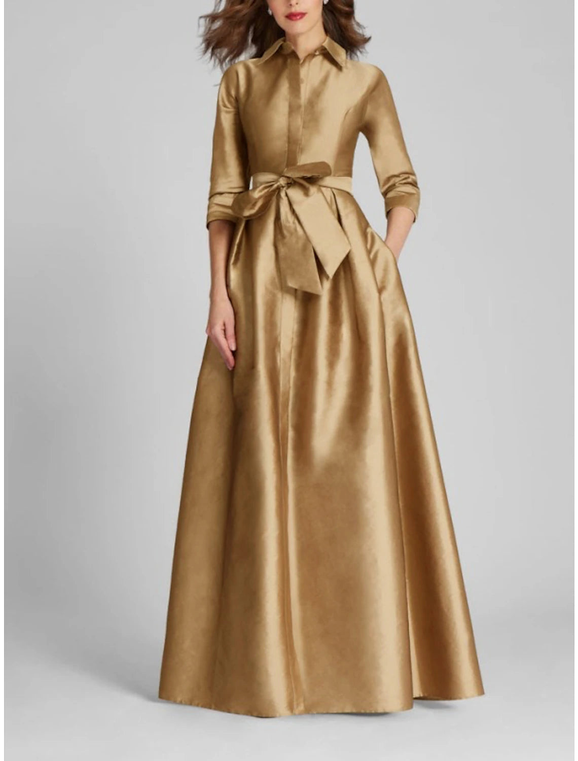 Satin A-Line Evening Gown Champagne Gold Minimalist Black Red Green Dress Dress Formal Fall Floor Length Half Sleeve Shirt Collar with Bow(s) Pleats