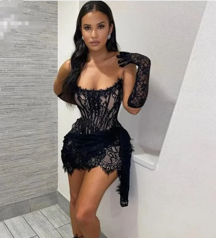 Sexy Mini Strapless Prom Dresses Sleeveless Short Plus Size Black Lace Vestido De Festa Tule Corset Back Dubai Evening Dress