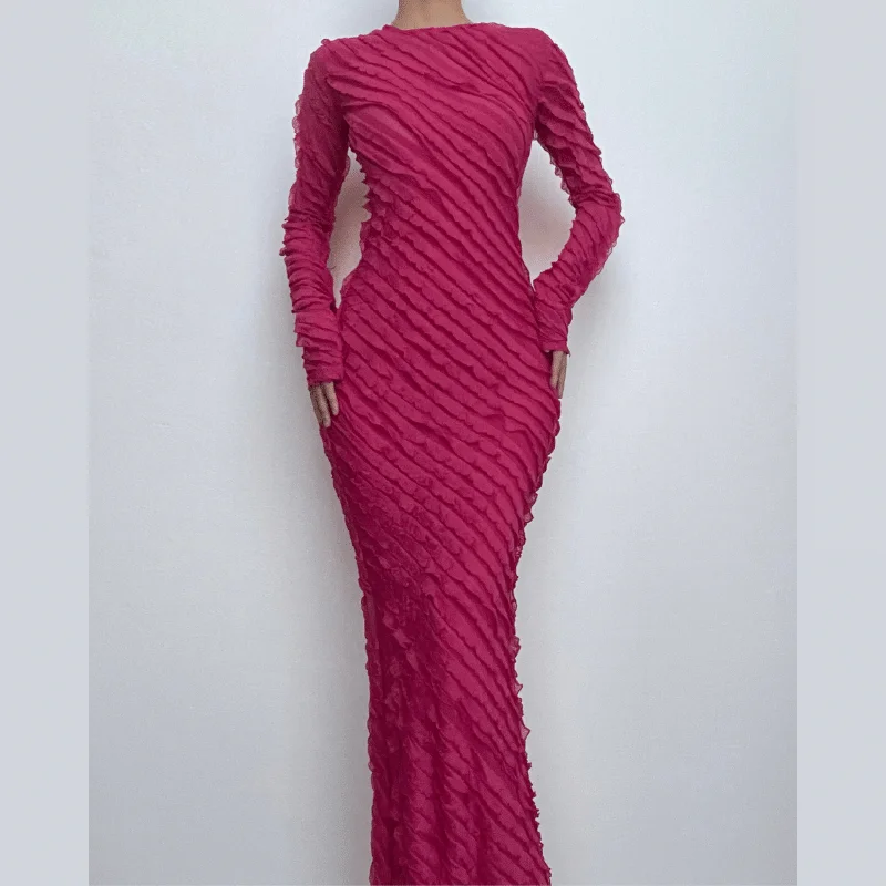 BerryBetty - Textured long sleeve crewneck ruffle solid maxi dress