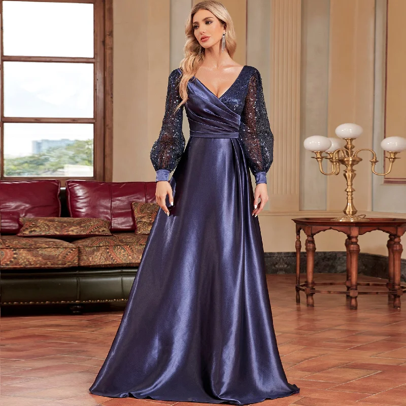 A-Line Long Sleeve Sequin Evening Dress Formal Prom Gown with V-neck