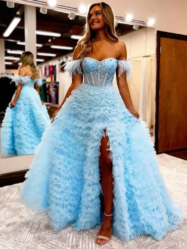 Off Shuolder Long Prom Dresses, Ruffled Tulle Cake Dresses, Sky Blue Prom Dresses, 2022 Prom Dresses, Party Dresses