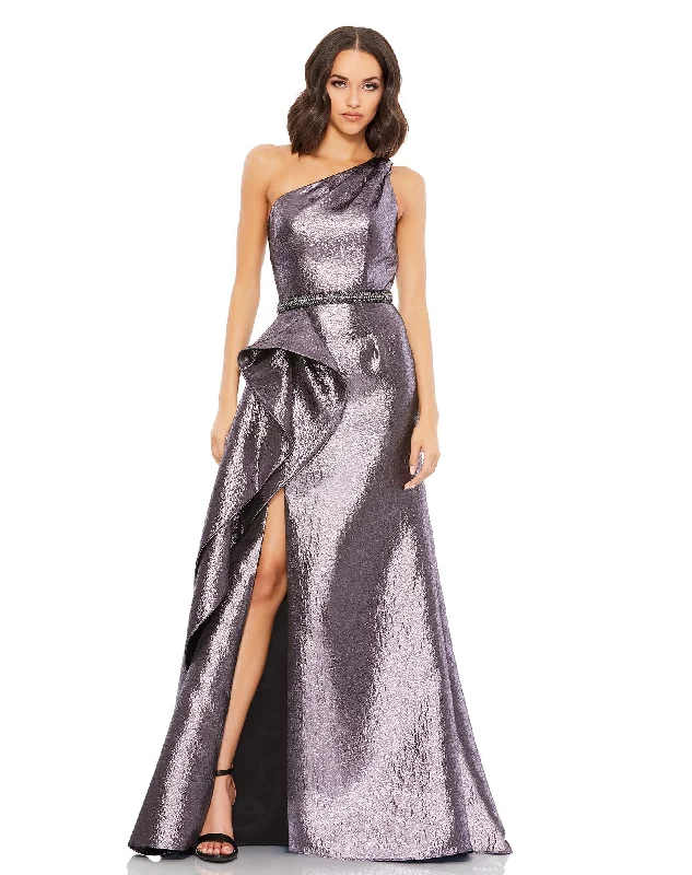 One Shoulder Metallic Ruffled Evening Gown