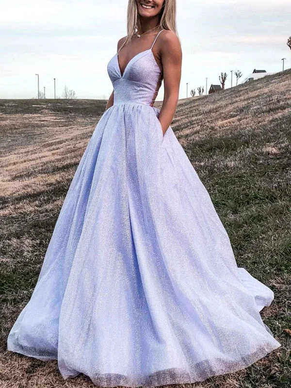 Spaghetti Straps A Line Newest Prom Dresses, Shiny Long Prom Dresses, Girl Graduation Party Dresses