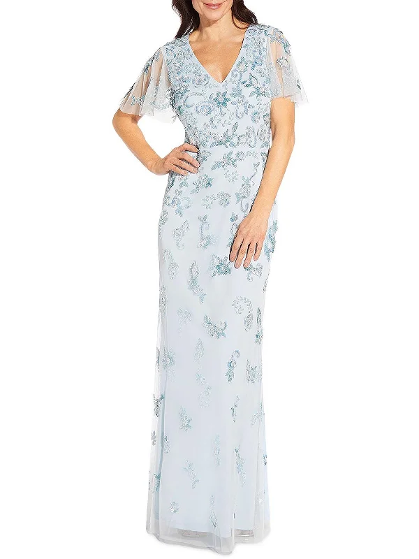 Womens Sheer Sequined V-Neck Evening Dress