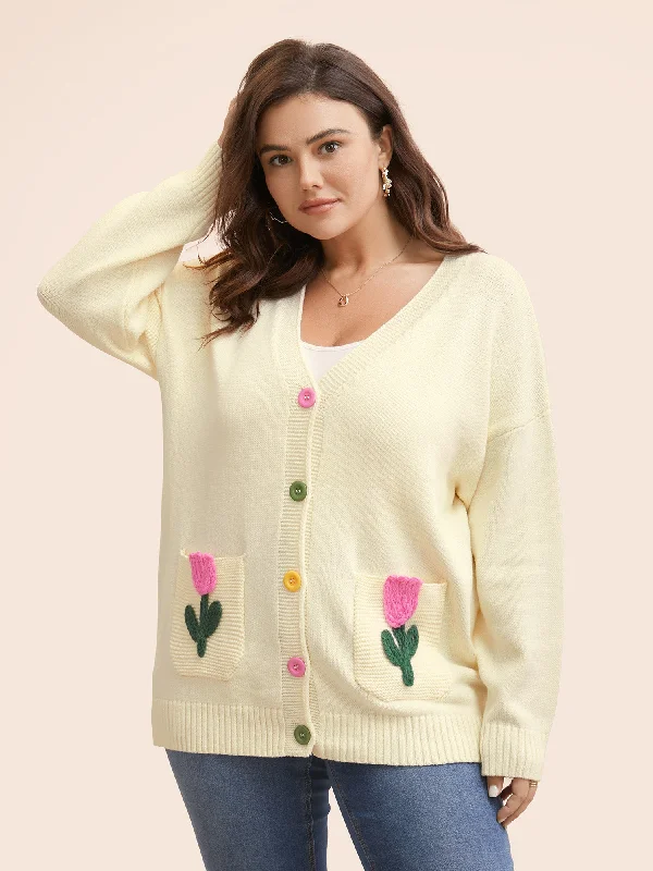 Contrast Crochet Floral Patch Pocket Cardigan