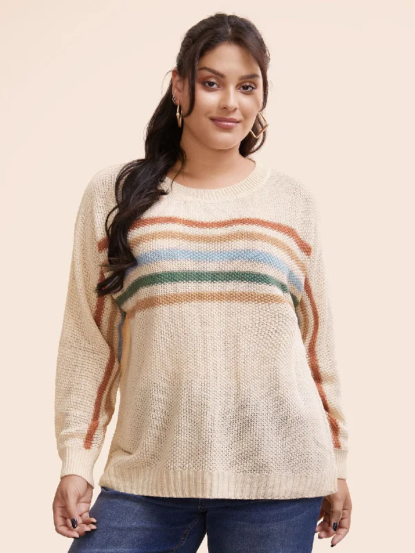 Crew Neck Contrast Striped Dolman Sleeve Pullover