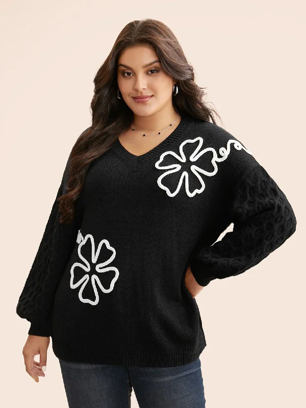 Crochet Floral Texture V Neck Pullover