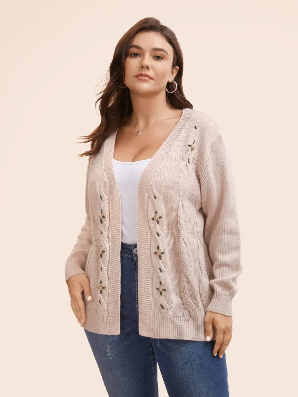 Floral Embroidered Kimono Collar Cable Knit Cardigan