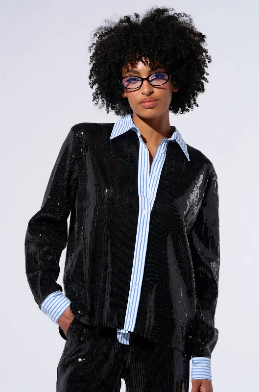 TRUE STORY SEQUIN BUTTON DOWN BLOUSE